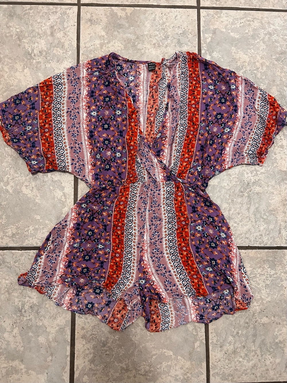 SHEIN Purple & Red Floral Stripe Wrap Romper